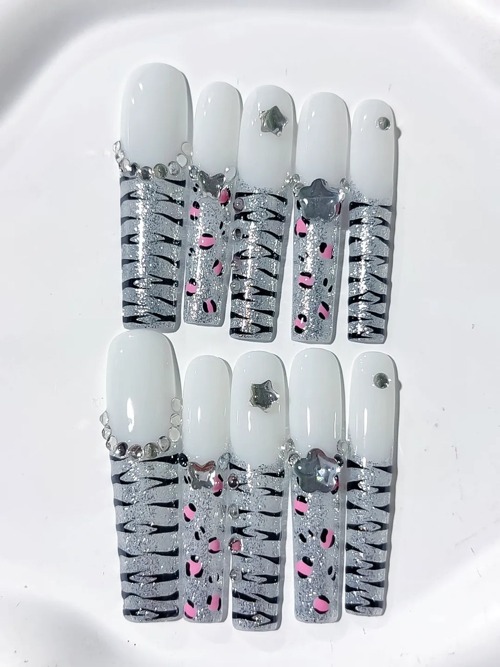 L201 - Long White Silver Square Abstract Star Animal Print