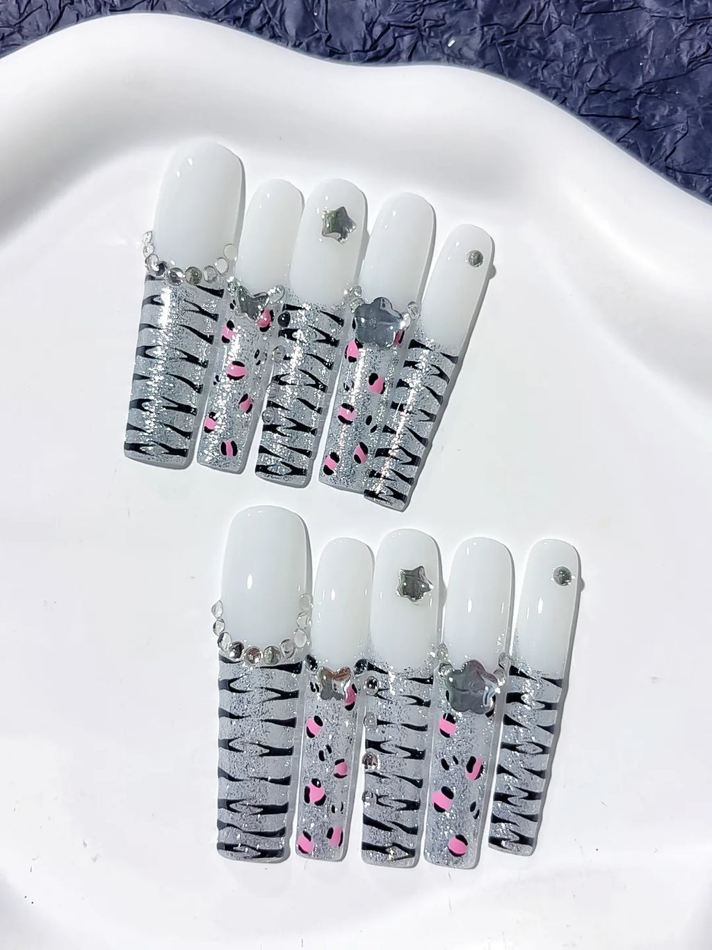 L201 - Long White Silver Square Abstract Star Animal Print