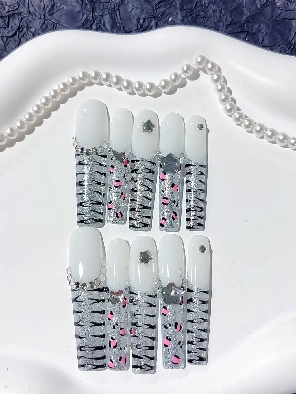 L201 - Long White Silver Square Abstract Star Animal Print