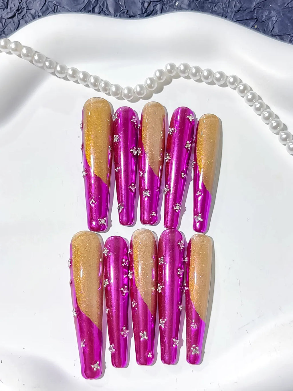 L202 - Long Pink Gold Coffin Metallic Rhinestone