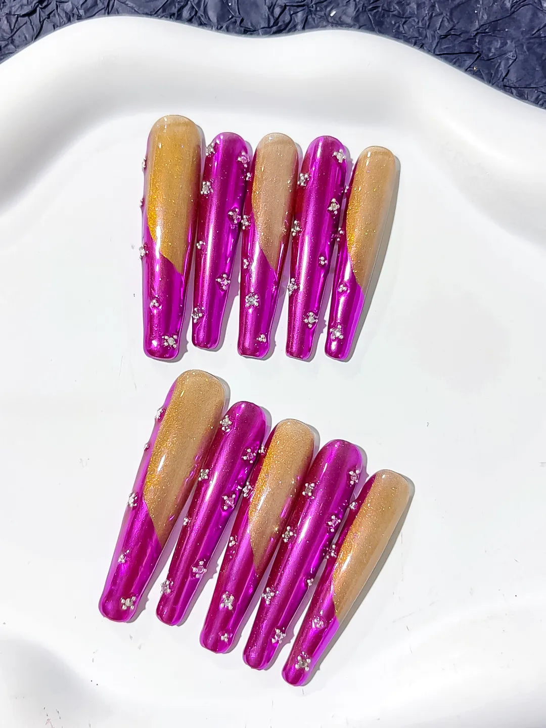 L202 - Long Pink Gold Coffin Metallic Rhinestone
