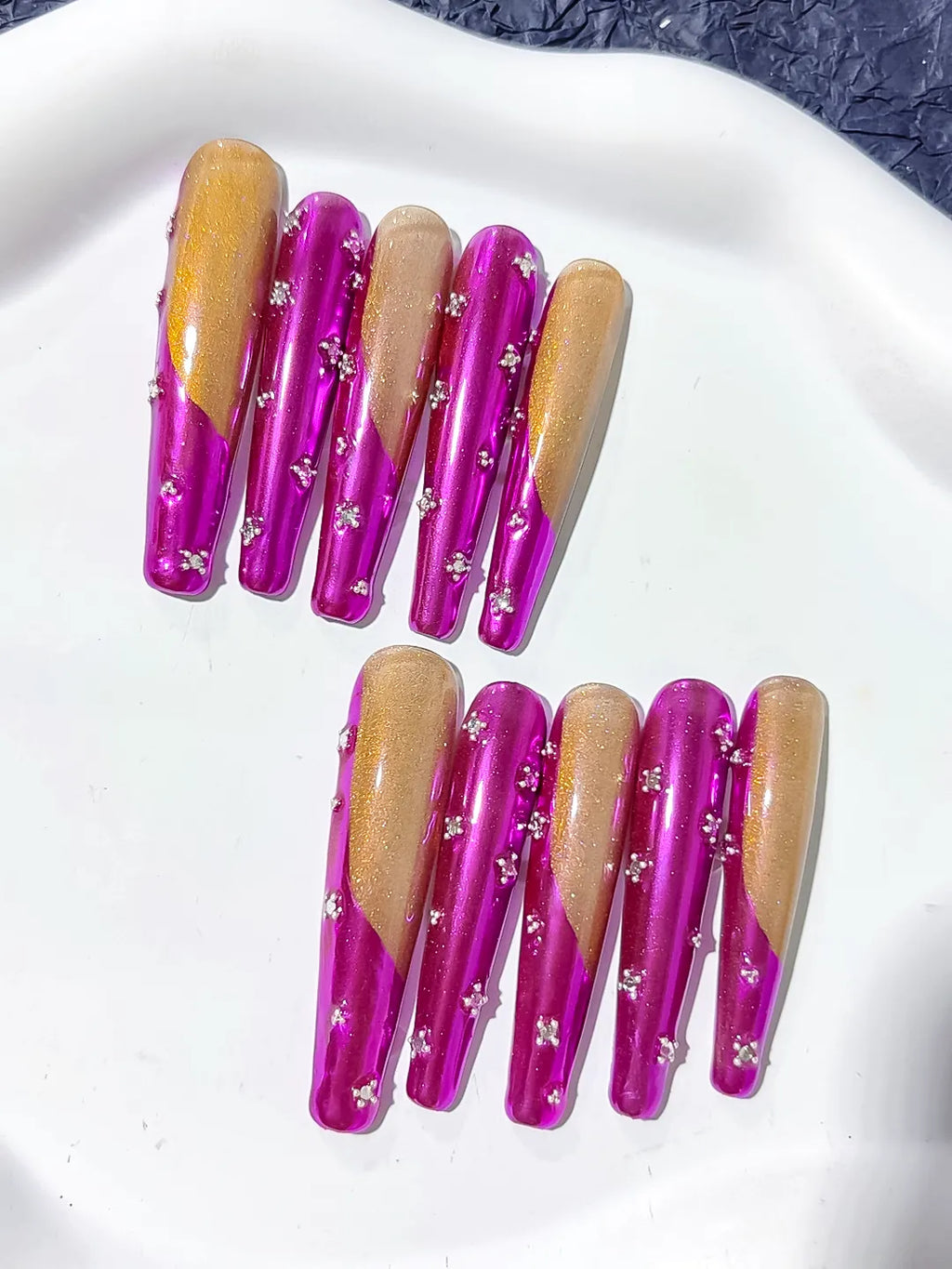 L202 - Long Pink Gold Coffin Metallic Rhinestone