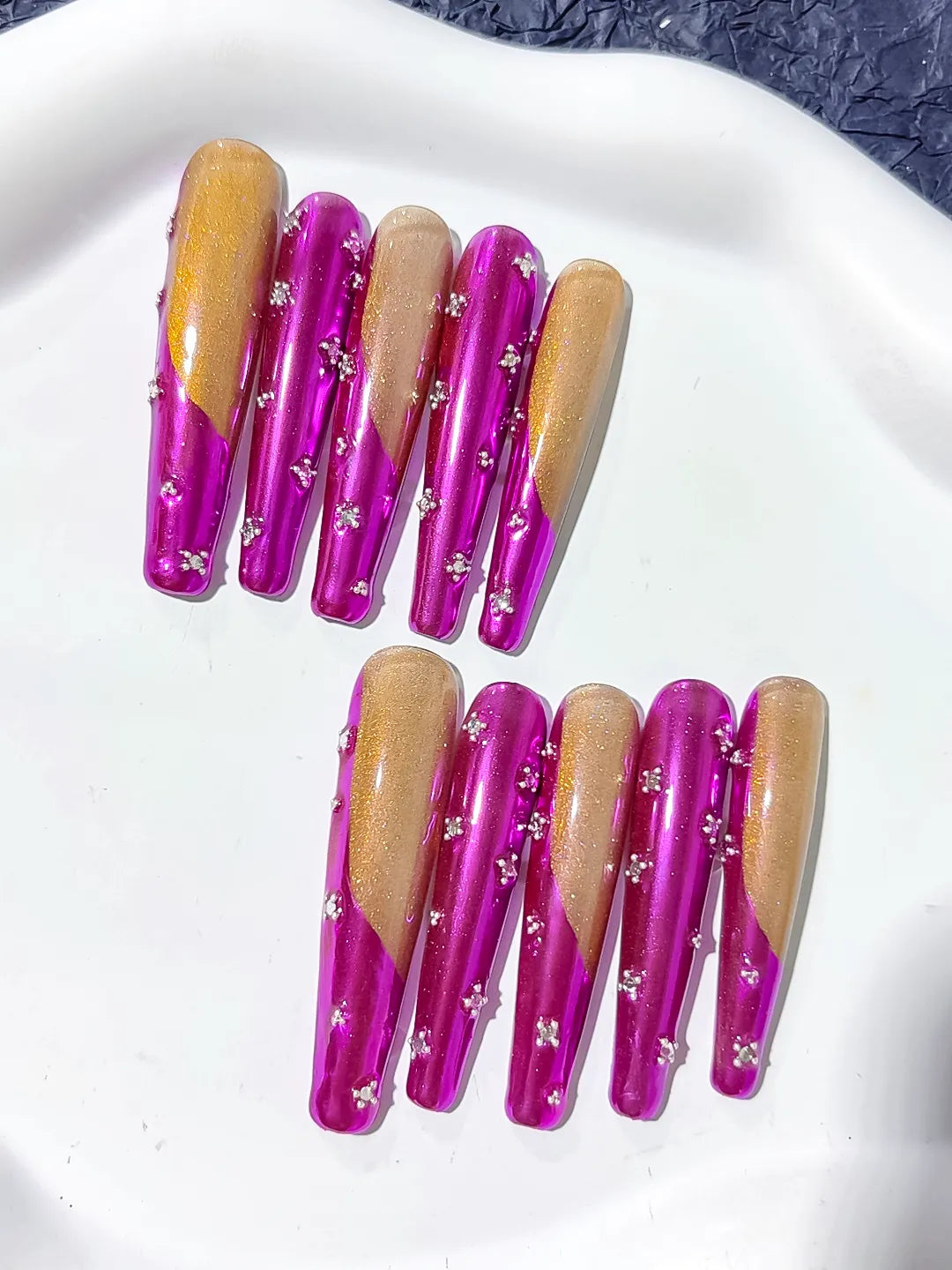 L202 - Long Pink Gold Coffin Metallic Rhinestone