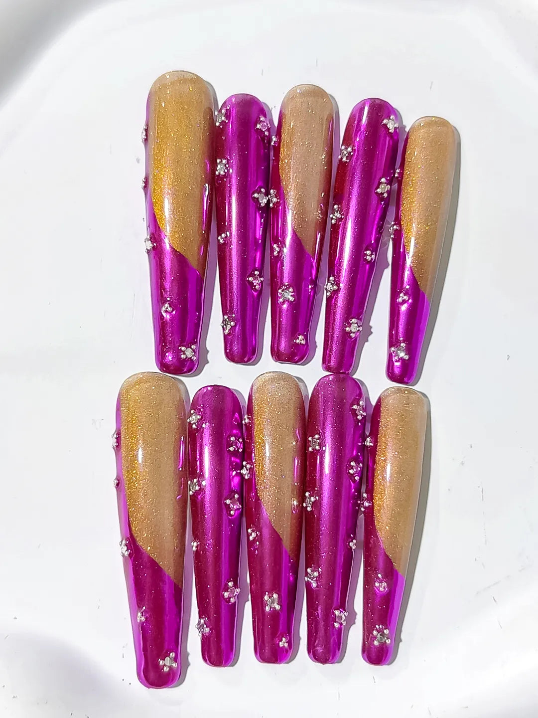 L202 - Long Pink Gold Coffin Metallic Rhinestone