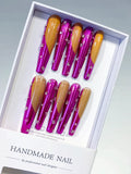 L202 - Long Pink Gold Coffin Metallic Rhinestone