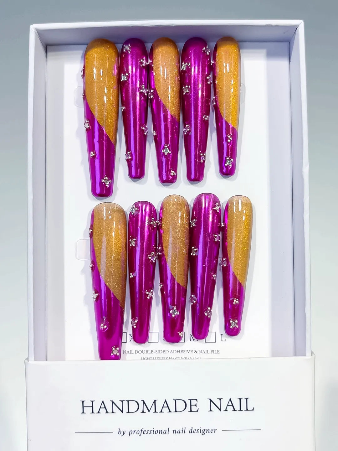 L202 - Long Pink Gold Coffin Metallic Rhinestone