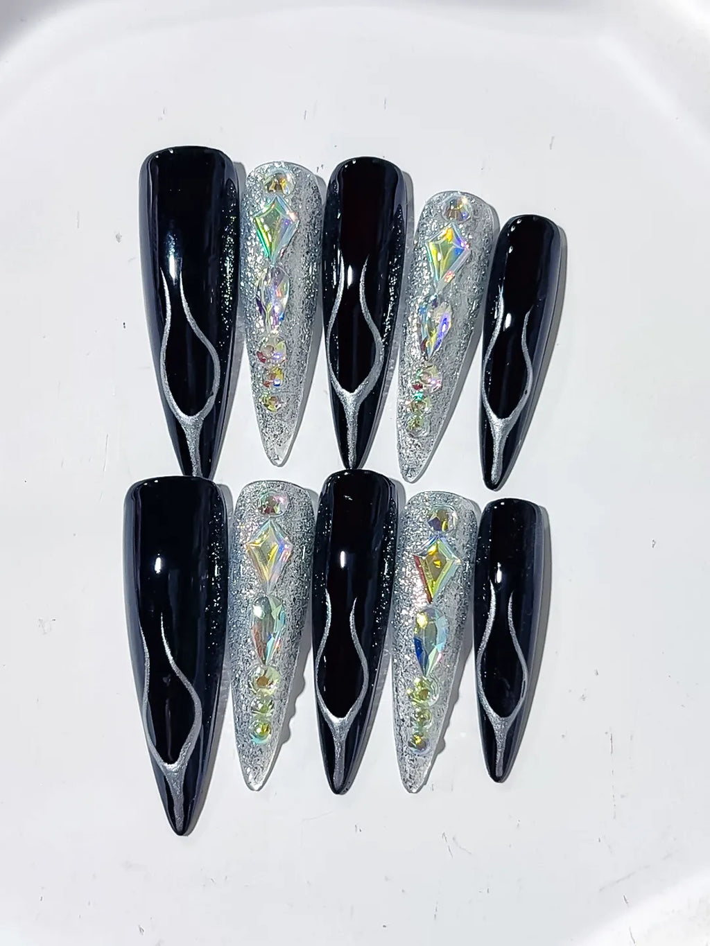 L203 - Long Black Silver Stiletto Abstract Glitter