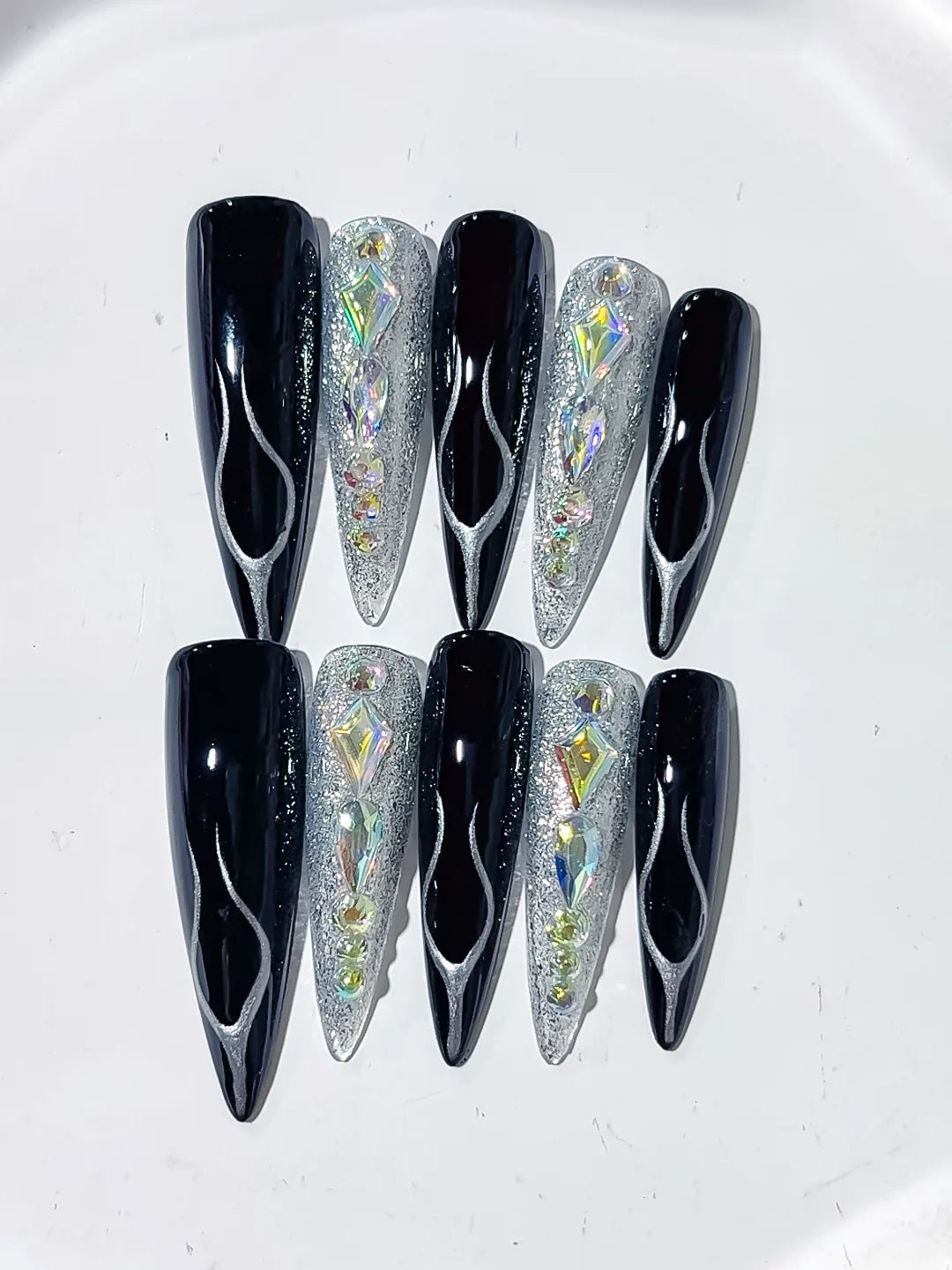 L203 - Long Black Silver Stiletto Abstract Glitter