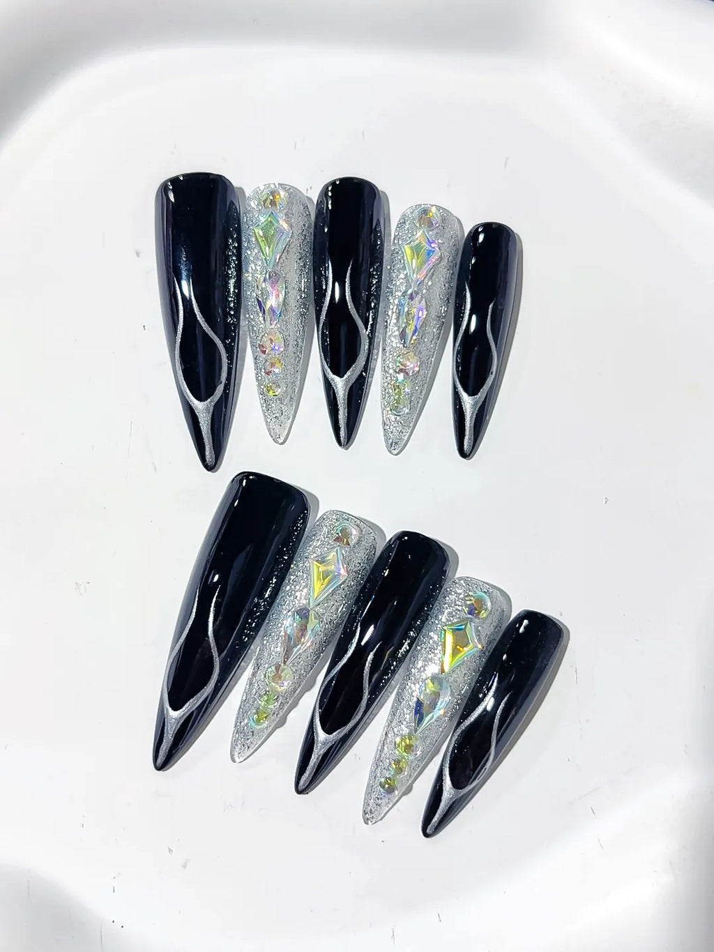 L203 - Long Black Silver Stiletto Abstract Glitter