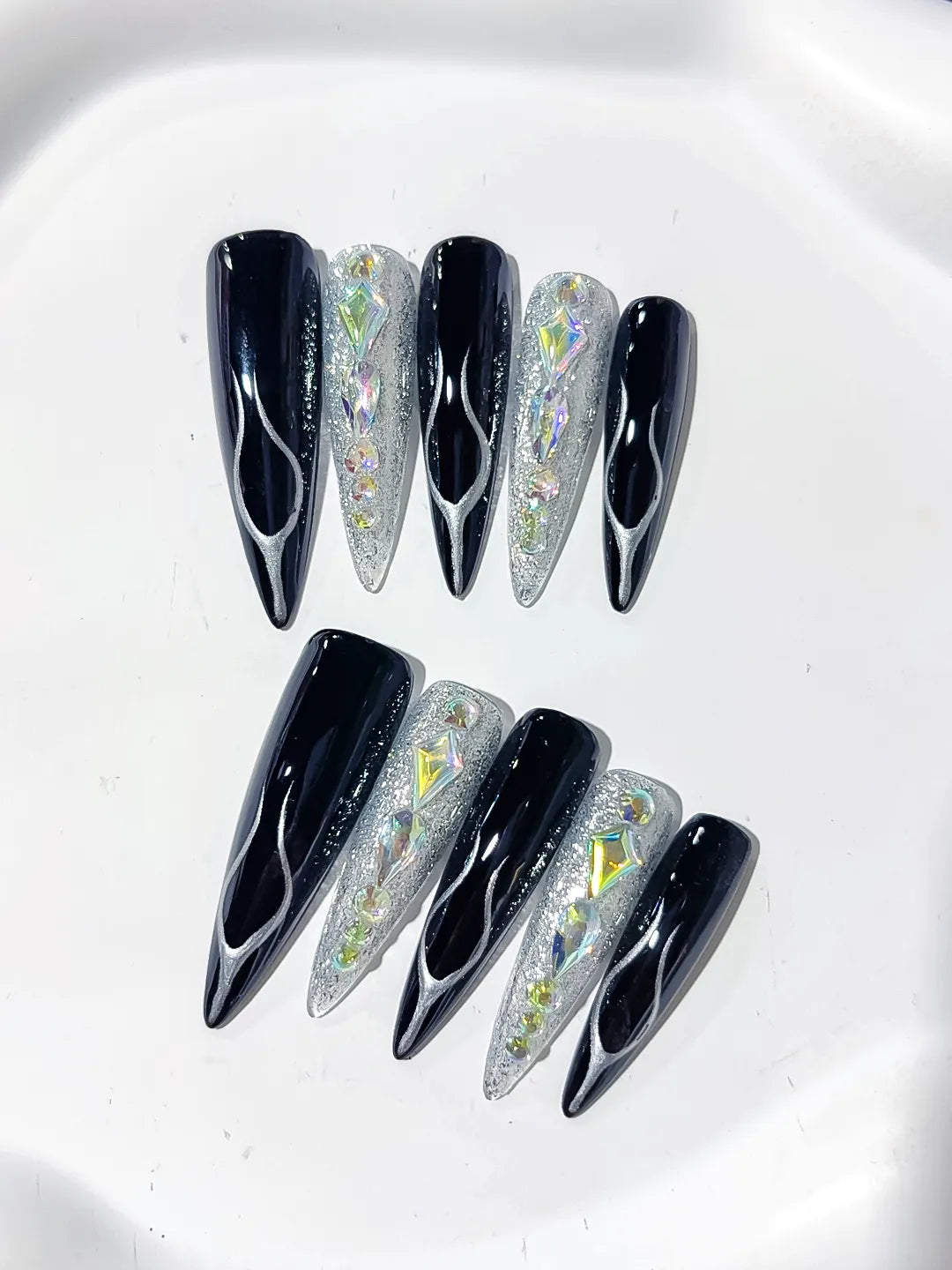 L203 - Long Black Silver Stiletto Abstract Glitter