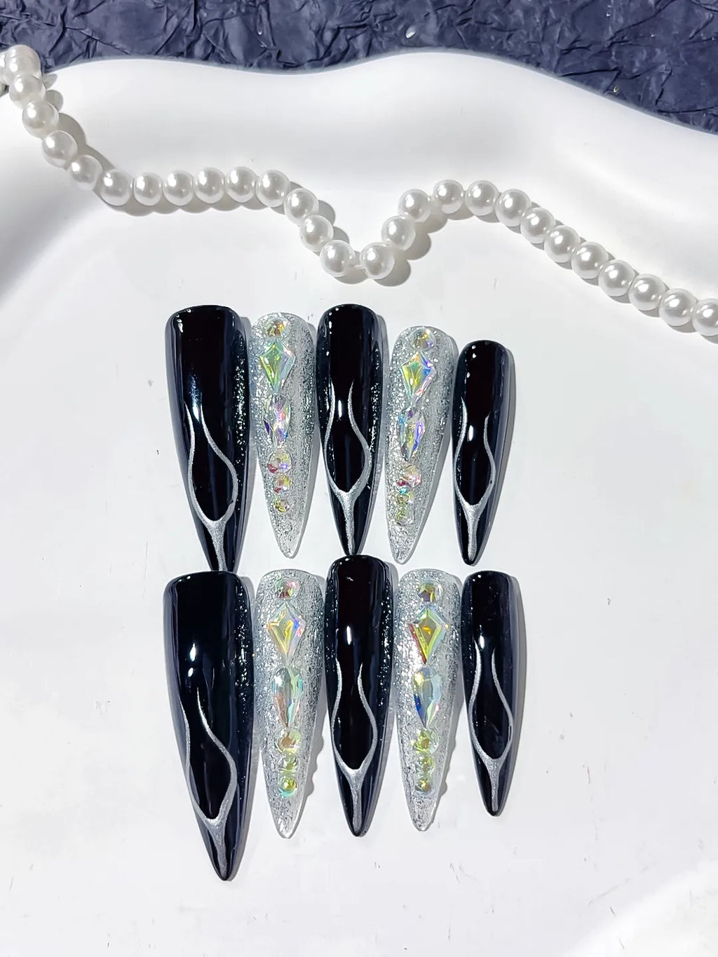 L203 - Long Black Silver Stiletto Abstract Glitter
