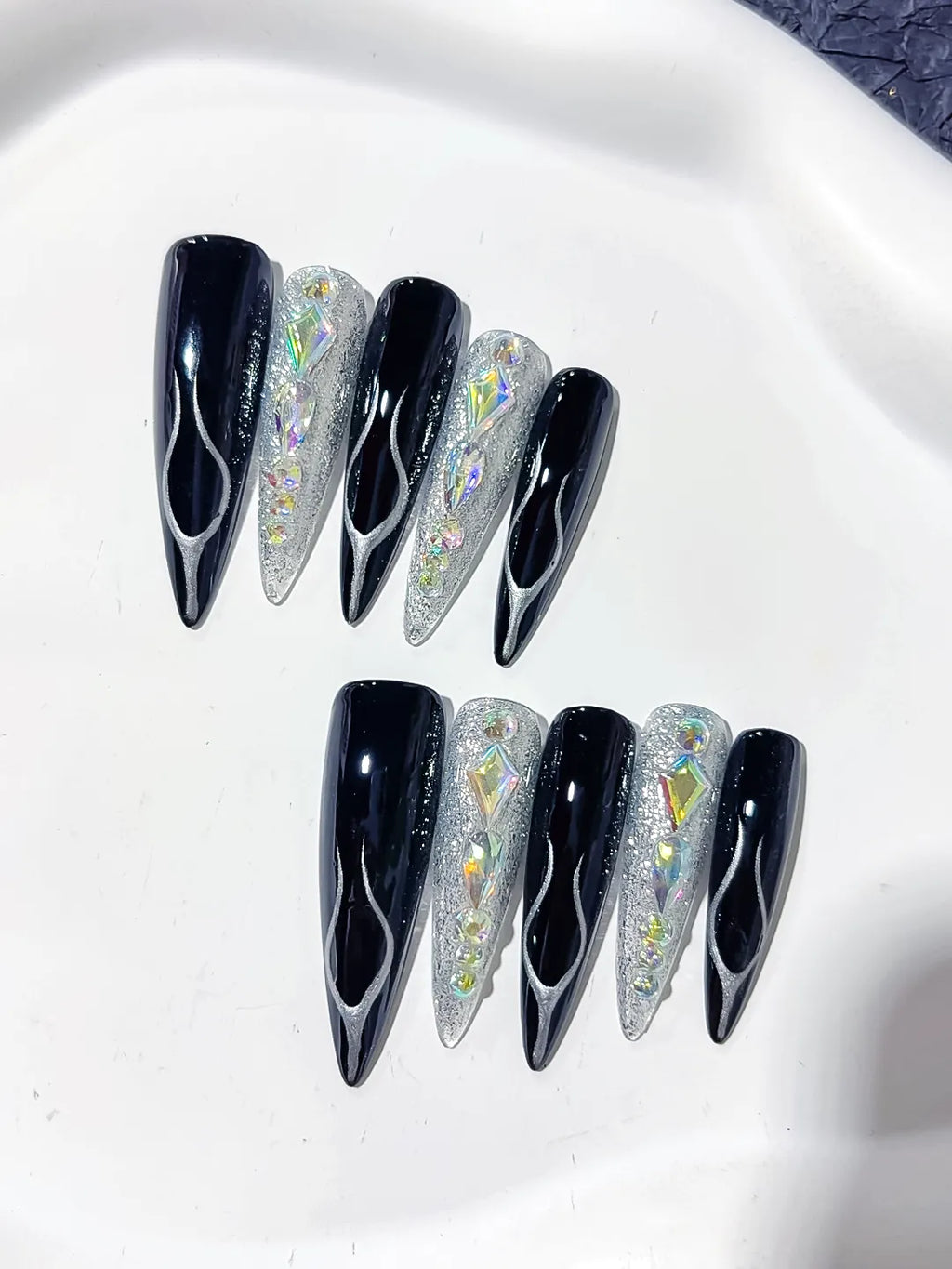 L203 - Long Black Silver Stiletto Abstract Glitter