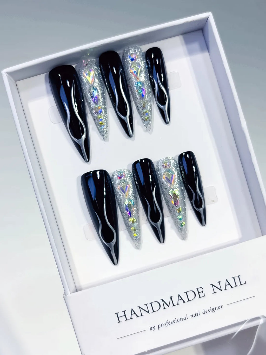 L203 - Long Black Silver Stiletto Abstract Glitter