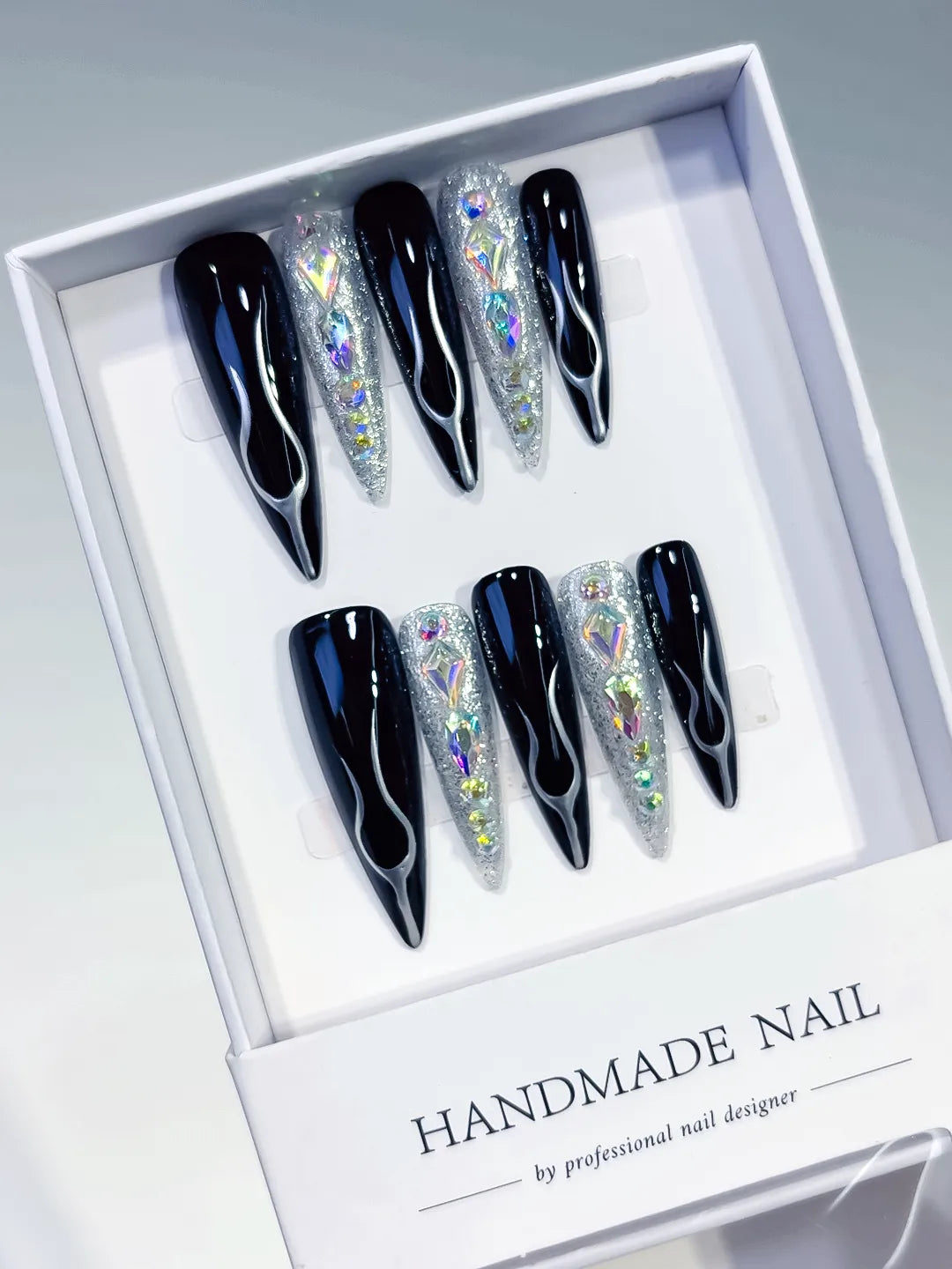 L203 - Long Black Silver Stiletto Abstract Glitter