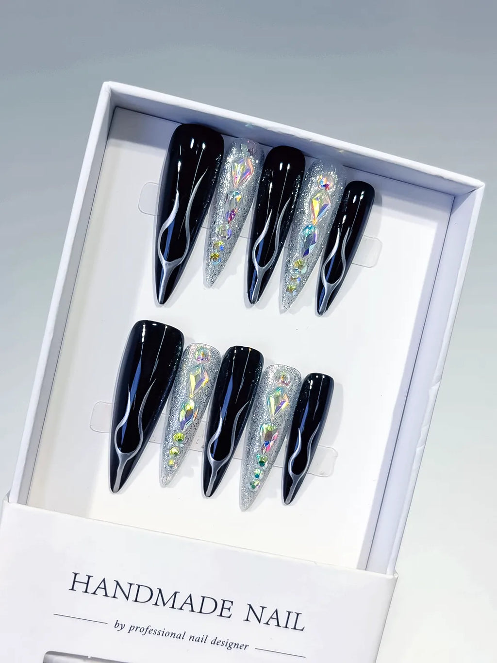 L203 - Long Black Silver Stiletto Abstract Glitter