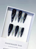 L203 - Long Black Silver Stiletto Abstract Glitter