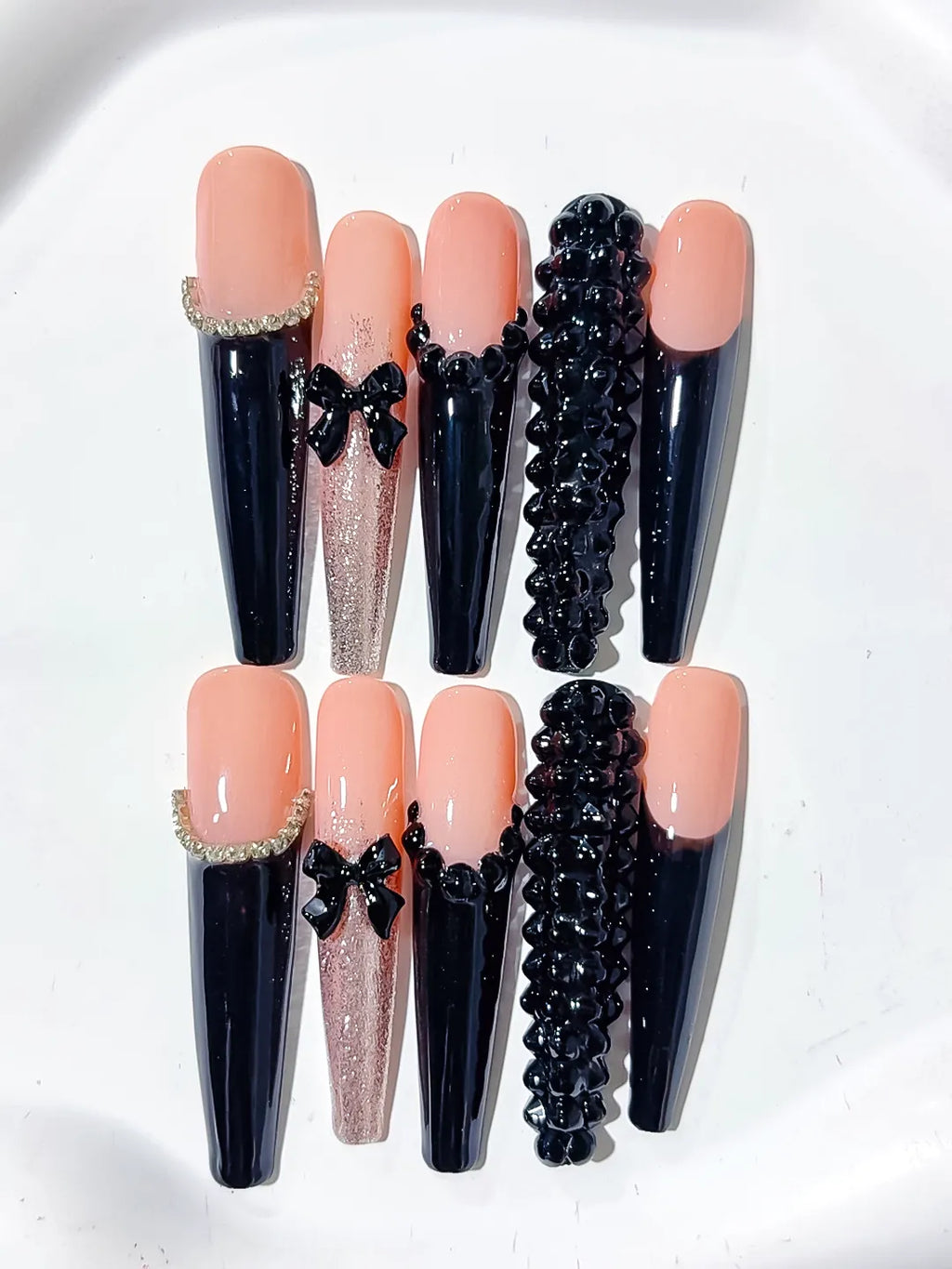 L204 - Long Nude Black Coffin French tip Bow Glitter