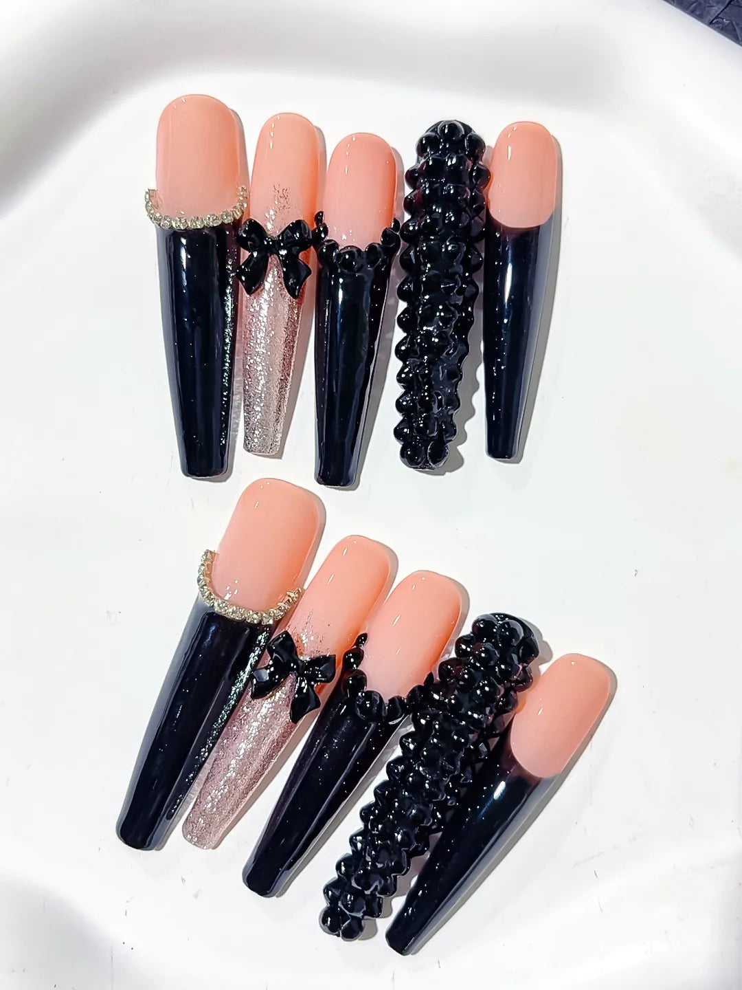L204 - Long Nude Black Coffin French tip Bow Glitter