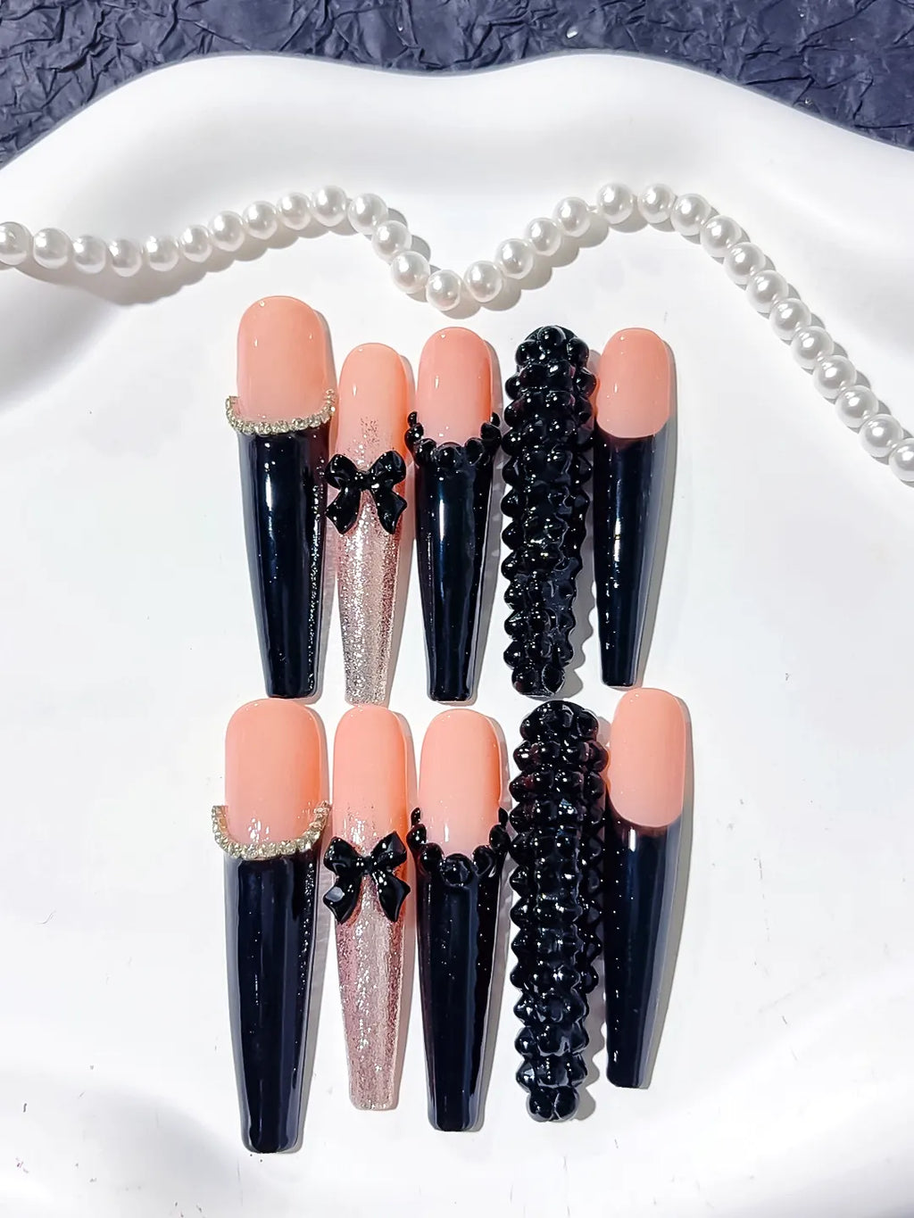 L204 - Long Nude Black Coffin French tip Bow Glitter