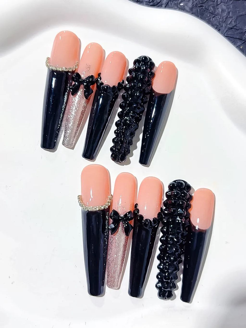 L204 - Long Nude Black Coffin French tip Bow Glitter