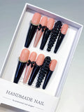 L204 - Long Nude Black Coffin French tip Bow Glitter