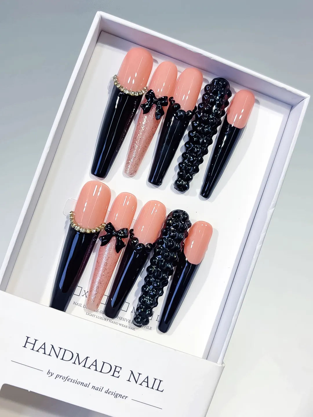 L204 - Long Nude Black Coffin French tip Bow Glitter