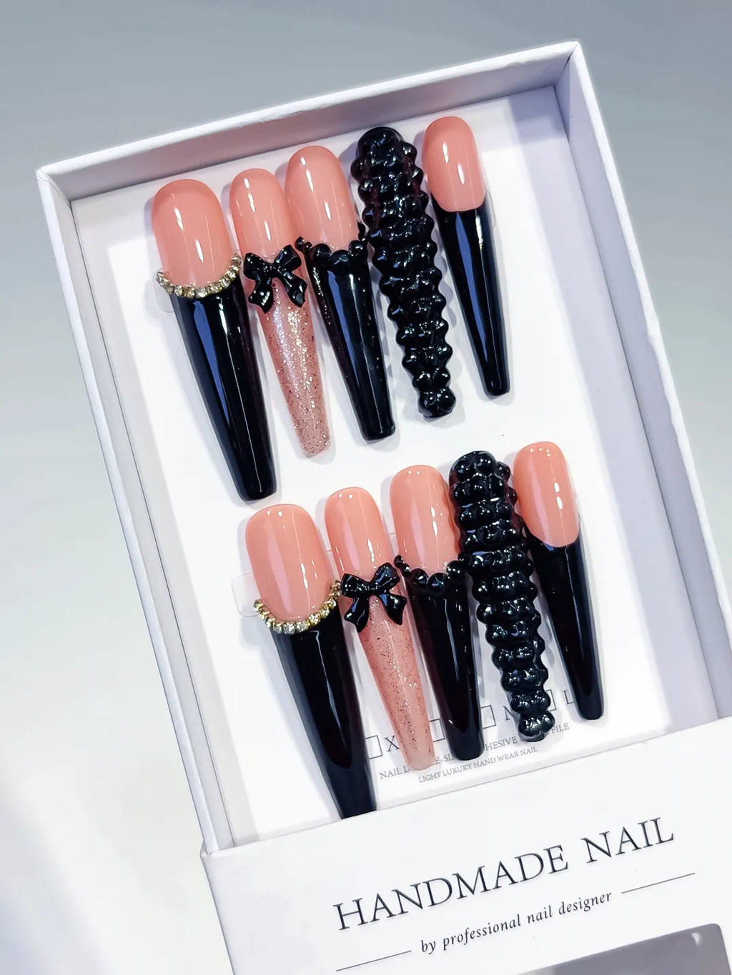 L204 - Long Nude Black Coffin French tip Bow Glitter