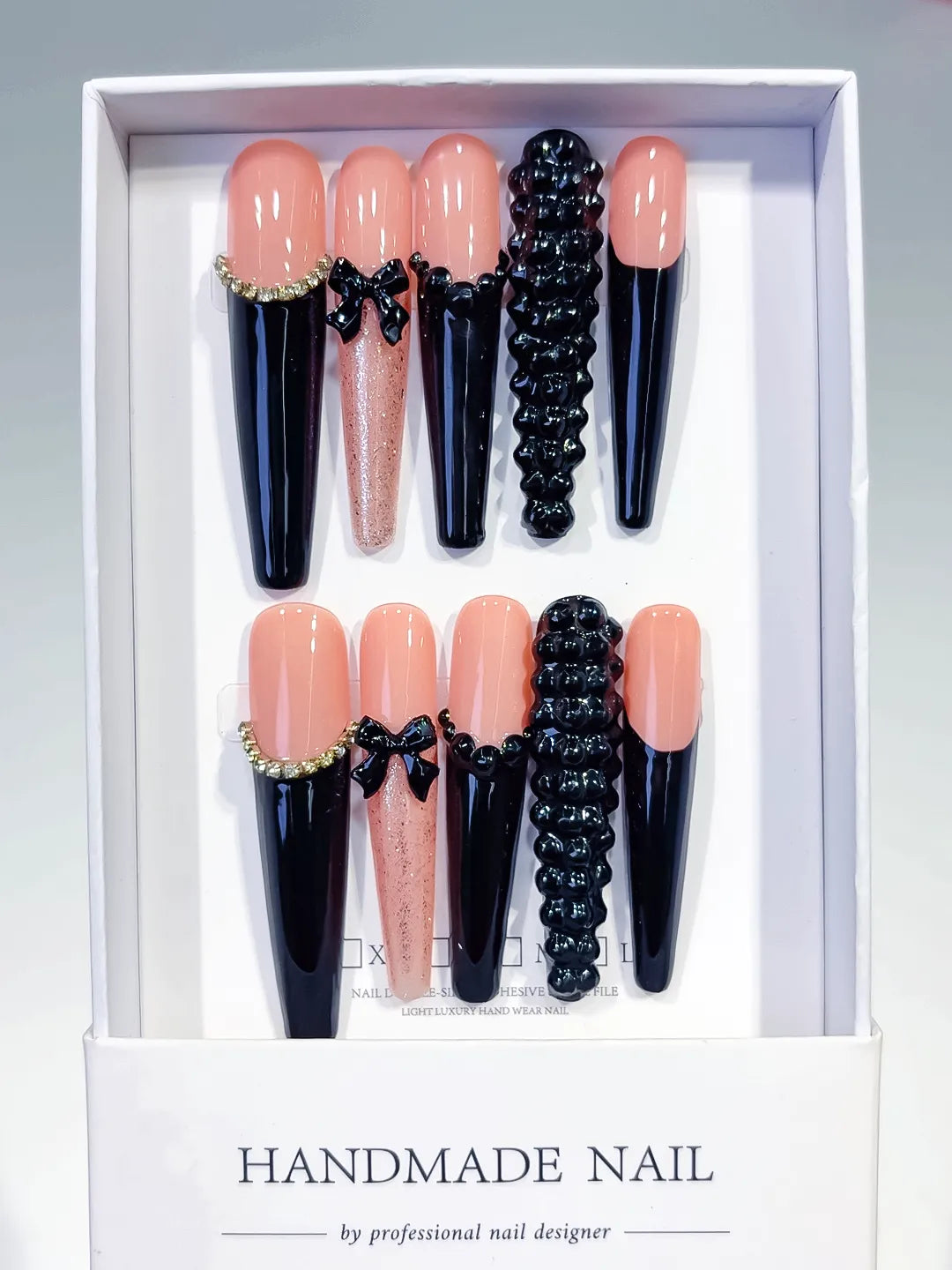 L204 - Long Nude Black Coffin French tip Bow Glitter