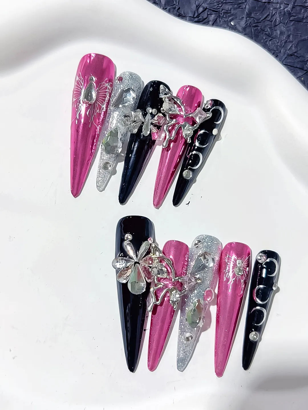 L205 - Long Pink Black Stiletto Metallic Flower Rhinestone