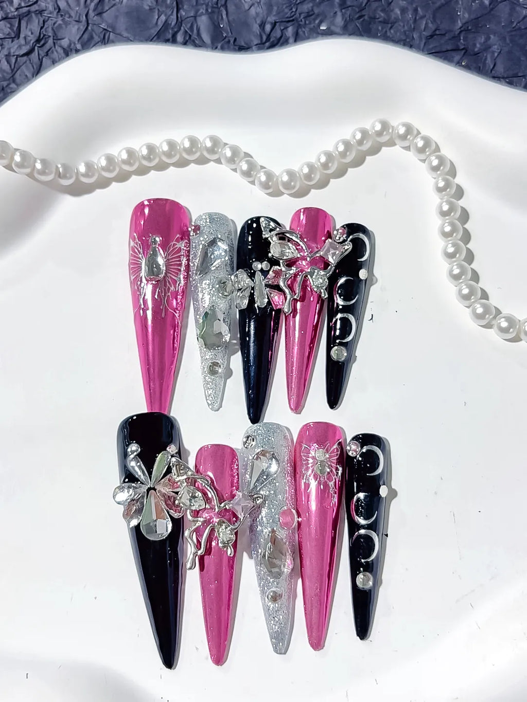 L205 - Long Pink Black Stiletto Metallic Flower Rhinestone