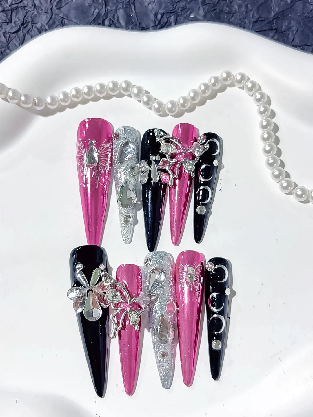 L205 - Long Pink Black Stiletto Metallic Flower Rhinestone