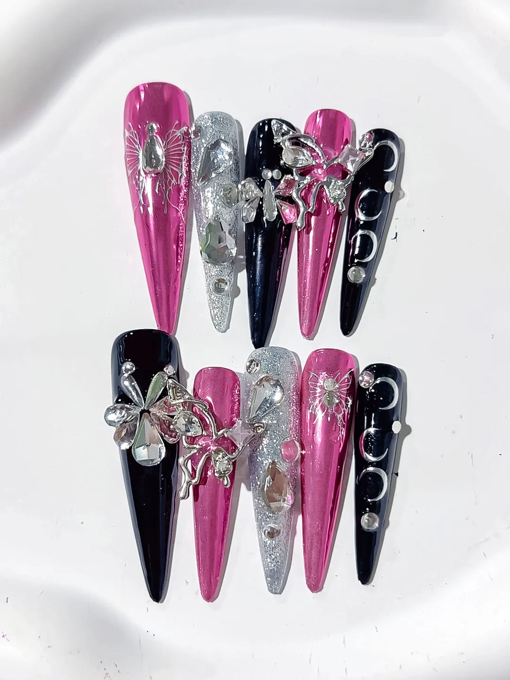 L205 - Long Pink Black Stiletto Metallic Flower Rhinestone