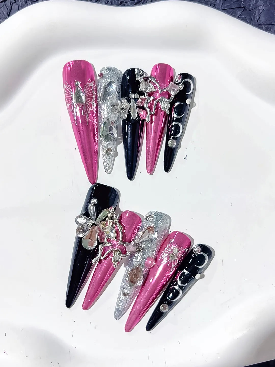 L205 - Long Pink Black Stiletto Metallic Flower Rhinestone