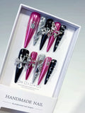 L205 - Long Pink Black Stiletto Metallic Flower Rhinestone