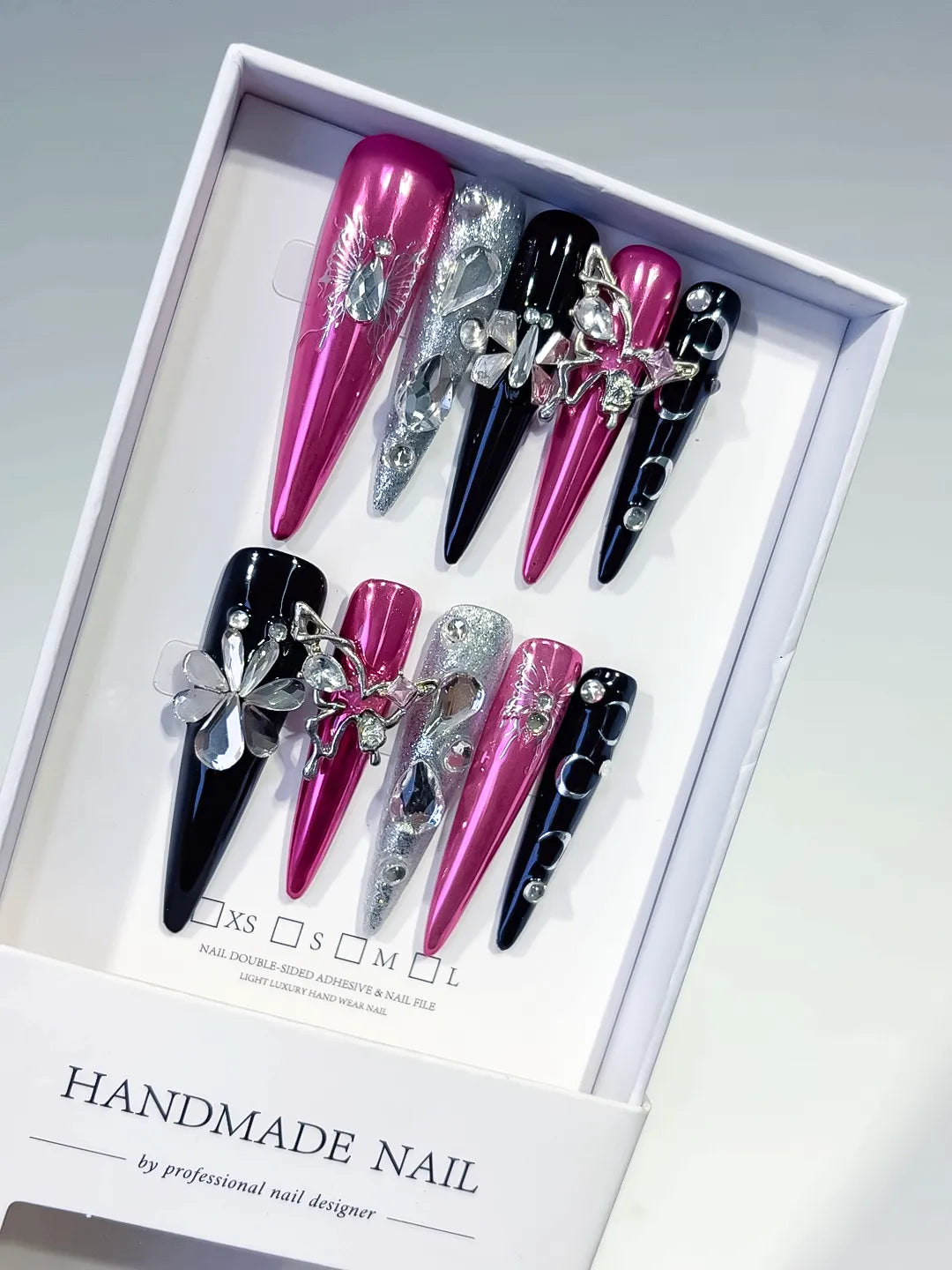 L205 - Long Pink Black Stiletto Metallic Flower Rhinestone