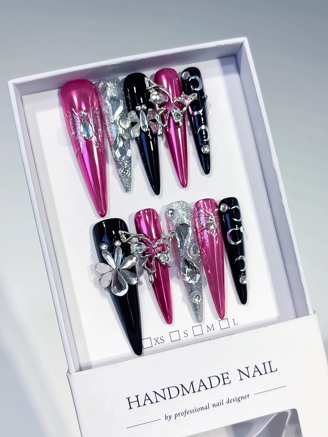L205 - Long Pink Black Stiletto Metallic Flower Rhinestone