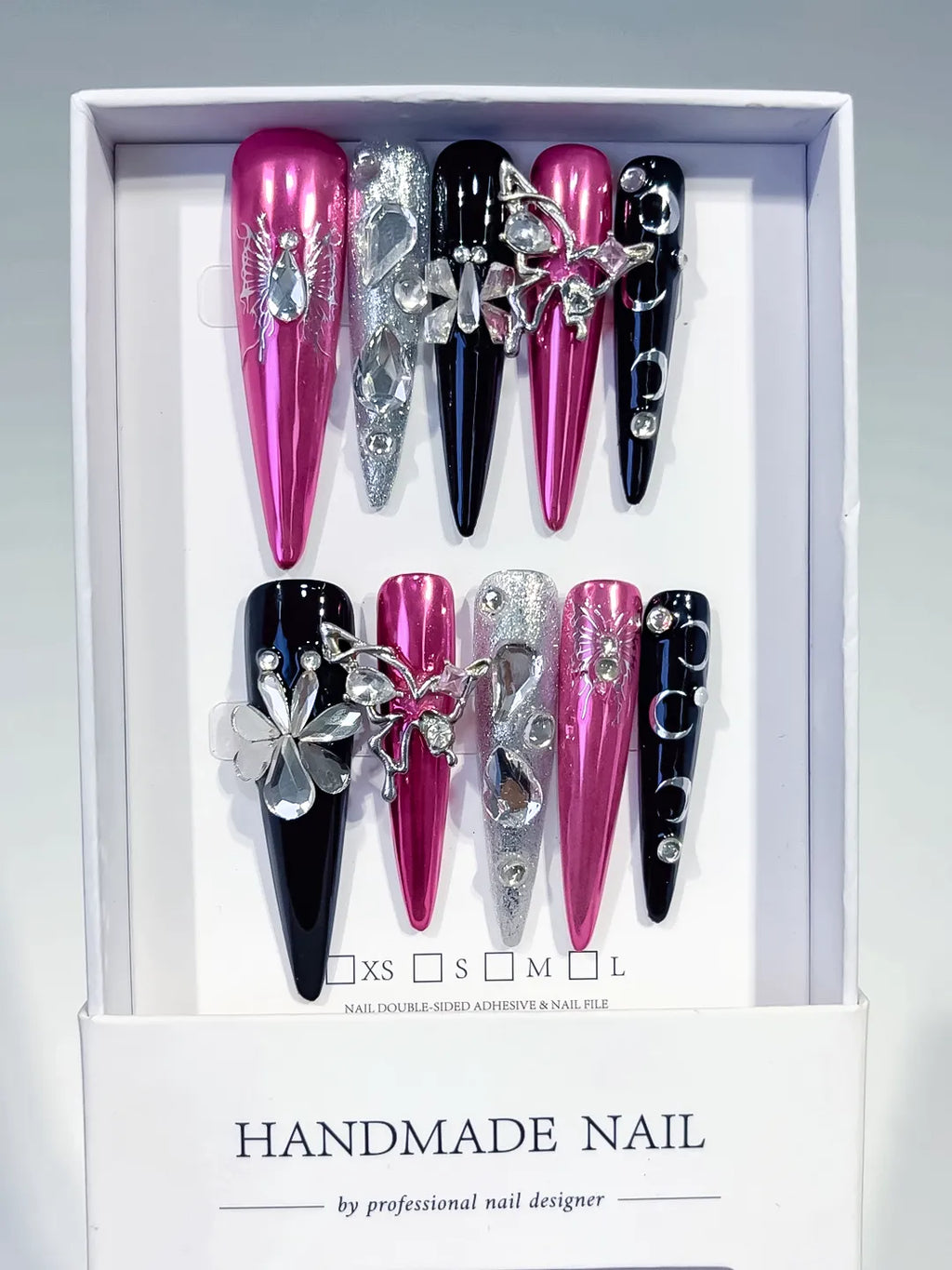 L205 - Long Pink Black Stiletto Metallic Flower Rhinestone