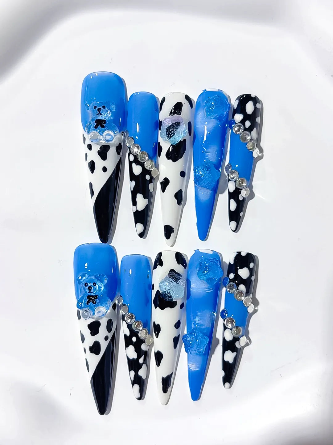 L206 - Long Blue Black Stiletto Abstract Animal Print Flower
