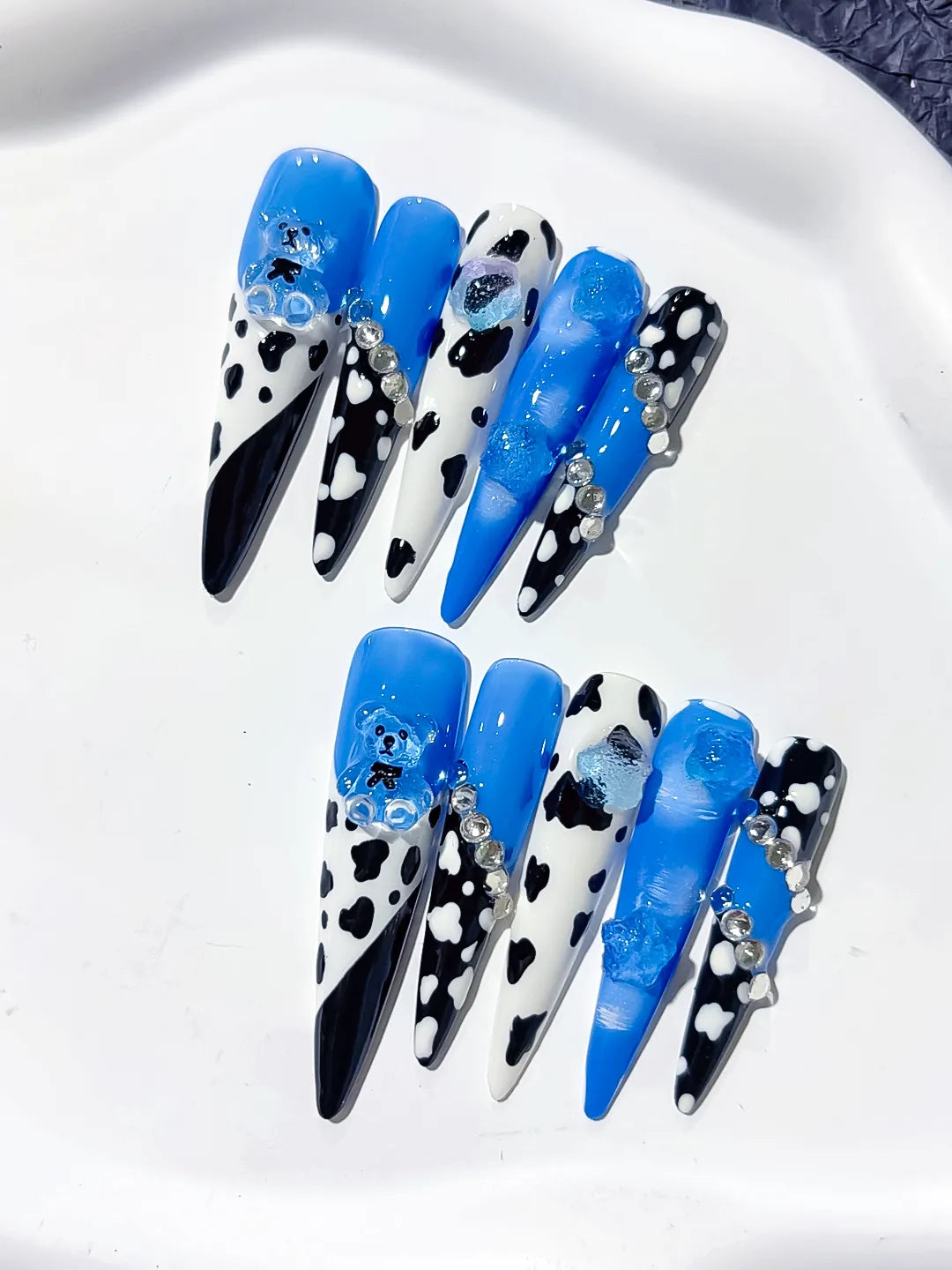 L206 - Long Blue Black Stiletto Abstract Animal Print Flower