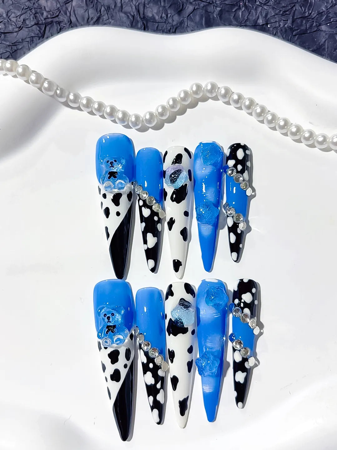 L206 - Long Blue Black Stiletto Abstract Animal Print Flower