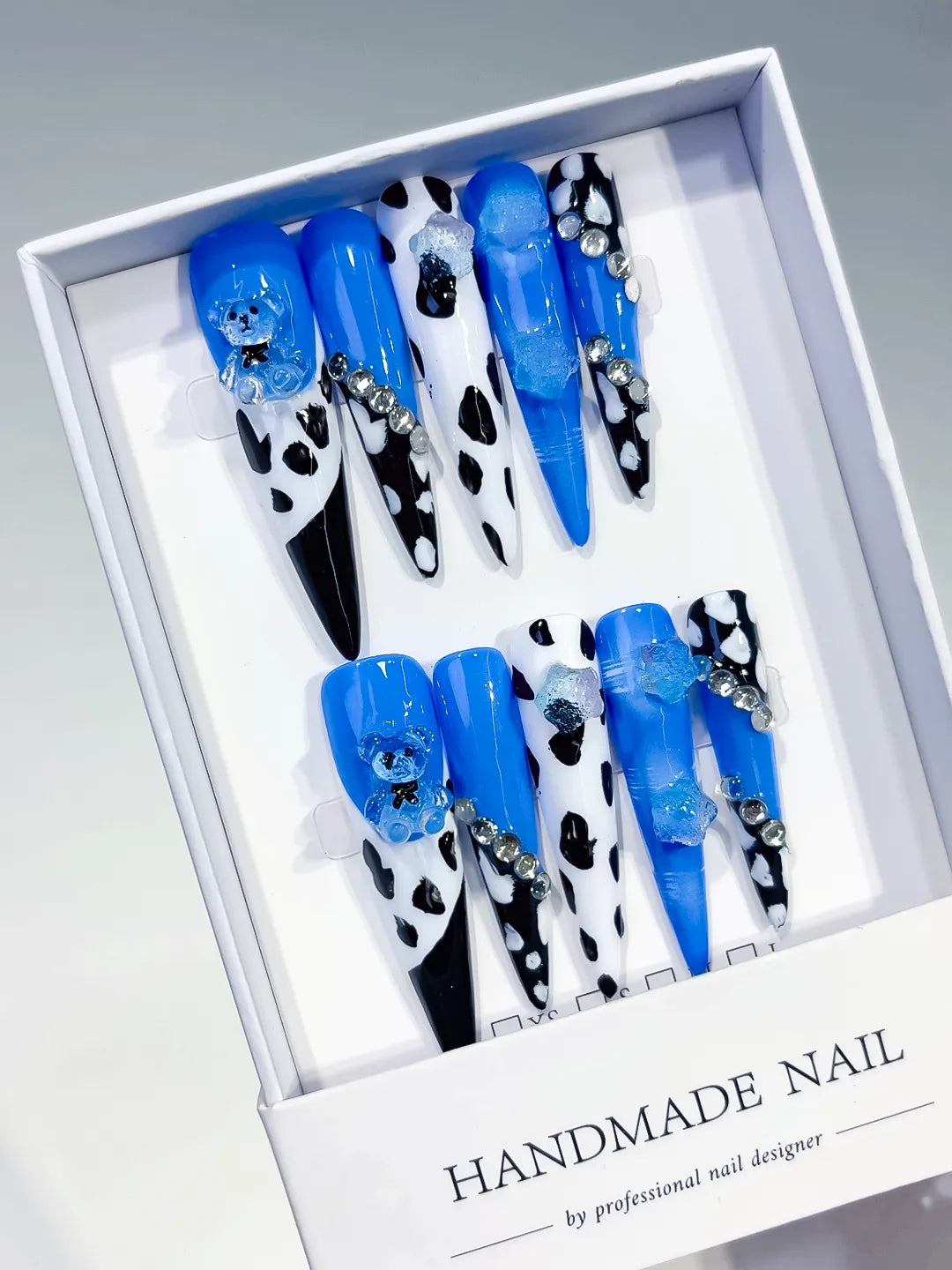 L206 - Long Blue Black Stiletto Abstract Animal Print Flower