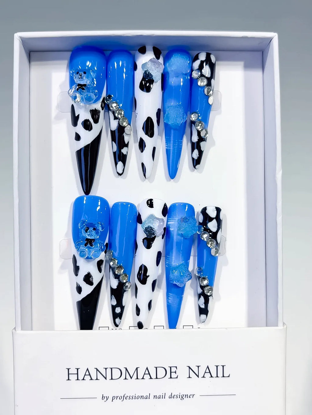 L206 - Long Blue Black Stiletto Abstract Animal Print Flower