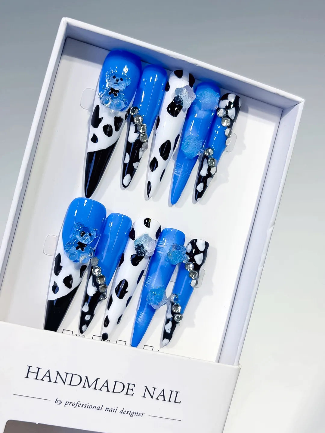 L206 - Long Blue Black Stiletto Abstract Animal Print Flower