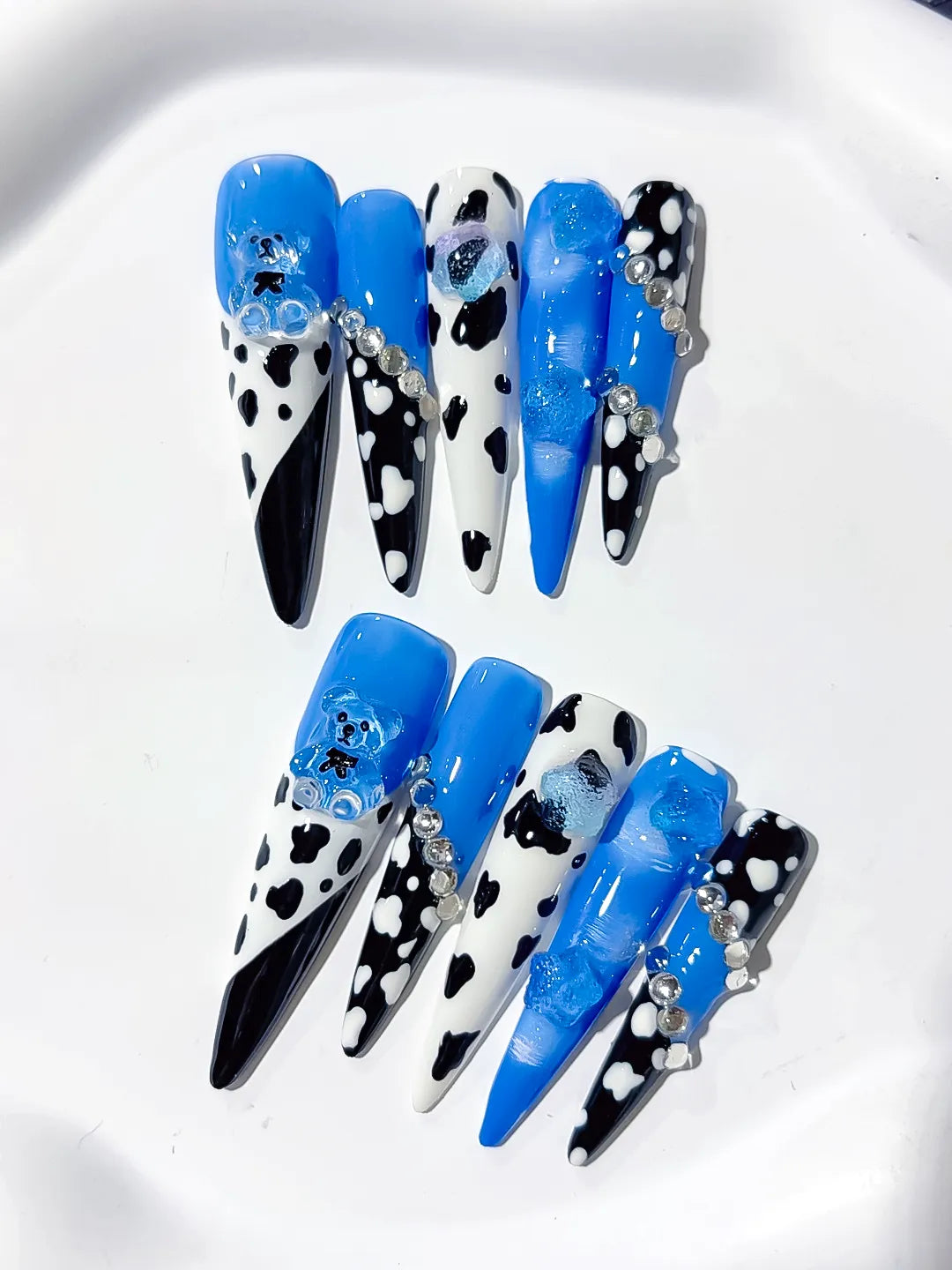 L206 - Long Blue Black Stiletto Abstract Animal Print Flower