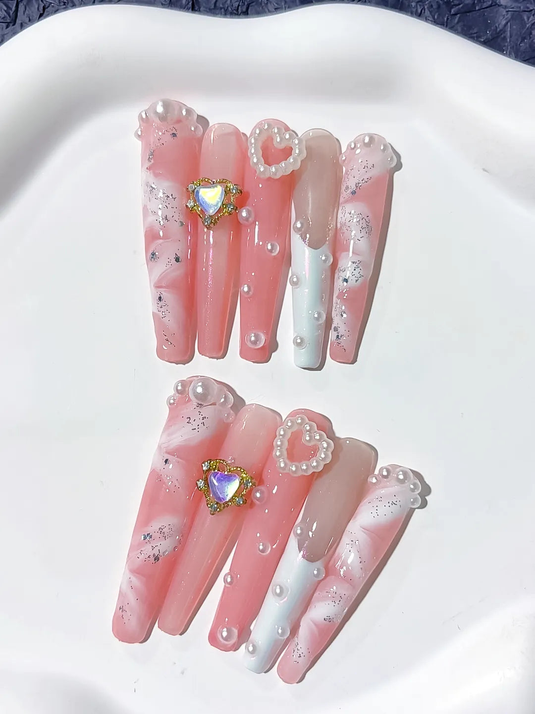 L207 - Long Pink White Coffin Glitter Heart Pearl