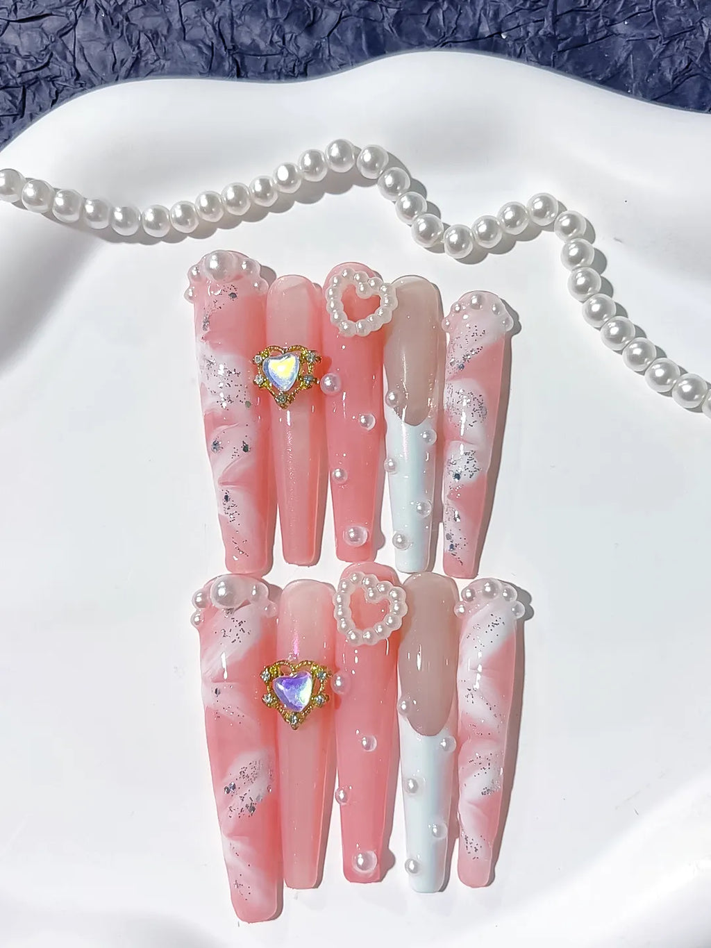 L207 - Long Pink White Coffin Glitter Heart Pearl