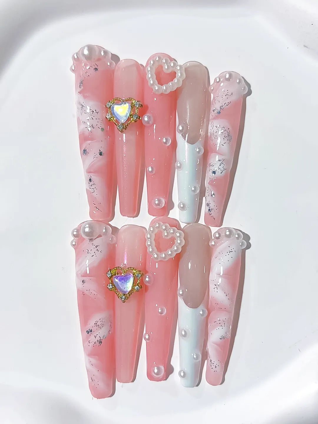 L207 - Long Pink White Coffin Glitter Heart Pearl