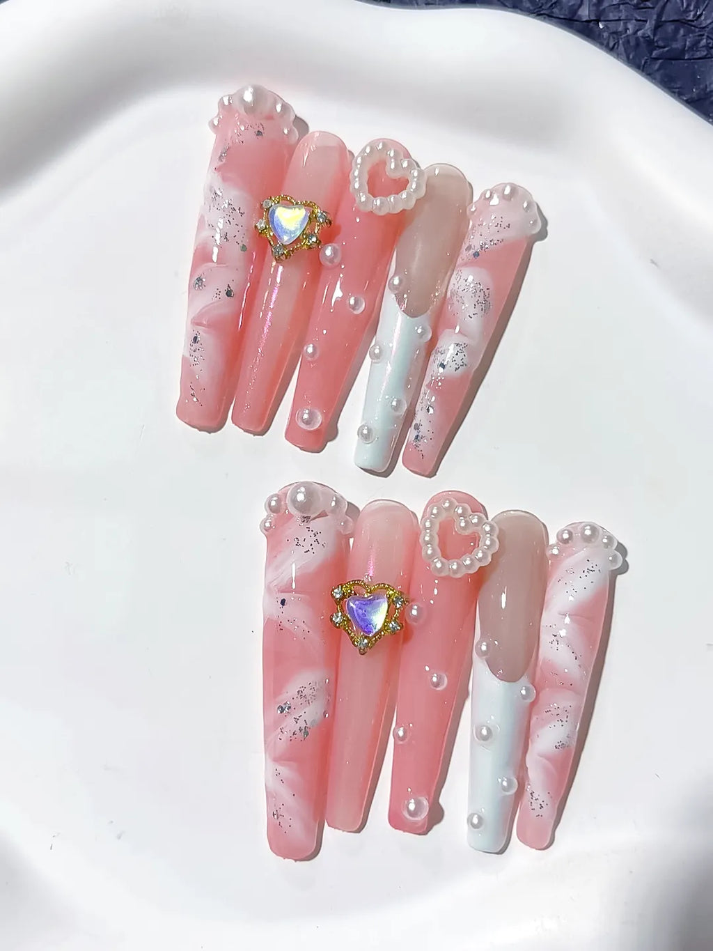 L207 - Long Pink White Coffin Glitter Heart Pearl
