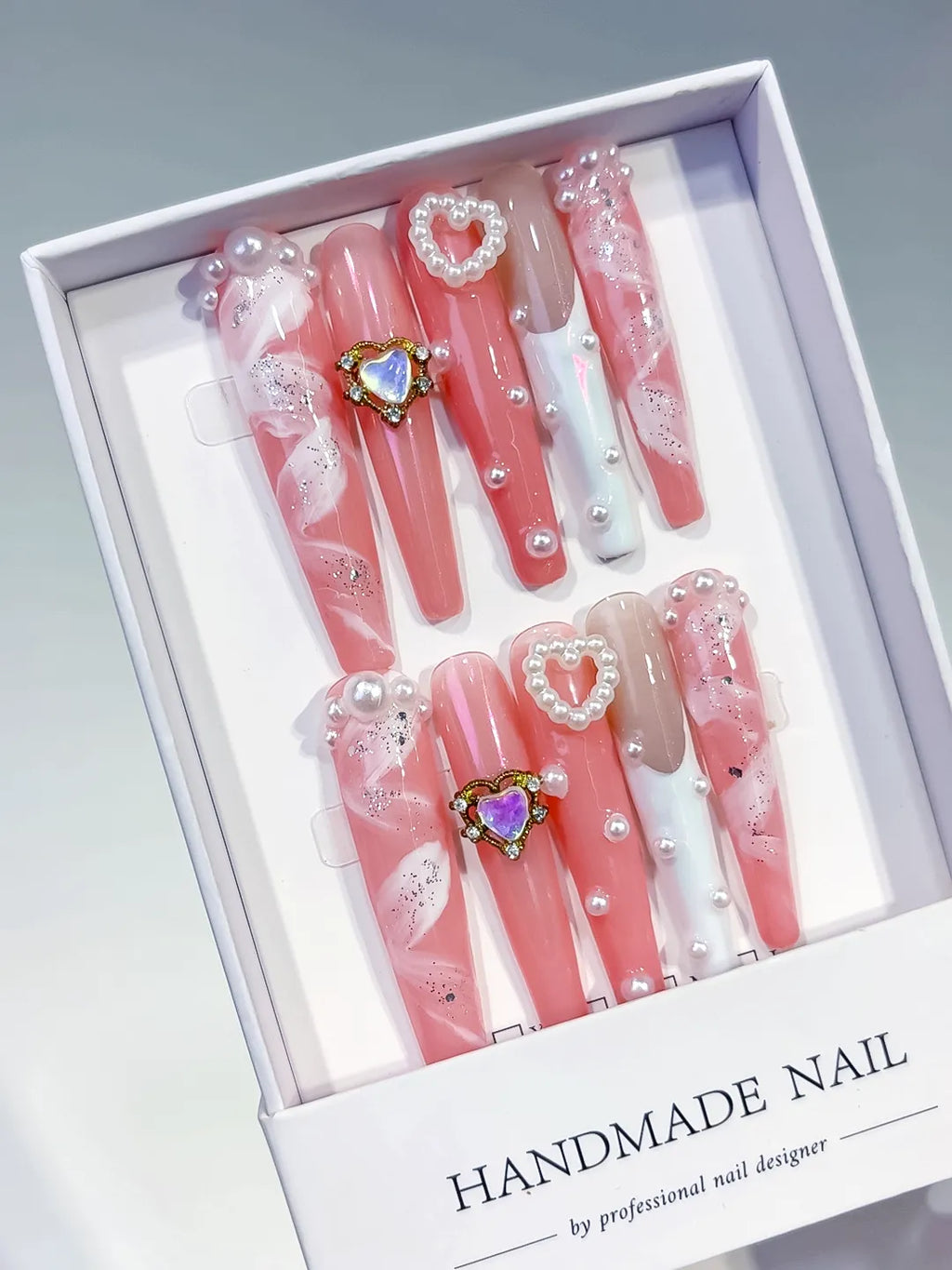 L207 - Long Pink White Coffin Glitter Heart Pearl