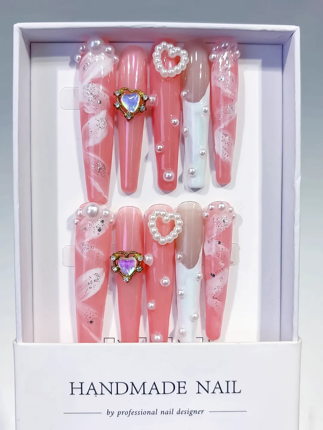 L207 - Long Pink White Coffin Glitter Heart Pearl